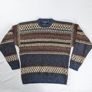 VTG 3D Knit Wool Brown Tan Blue Patterned Knit Grandpa Sweater